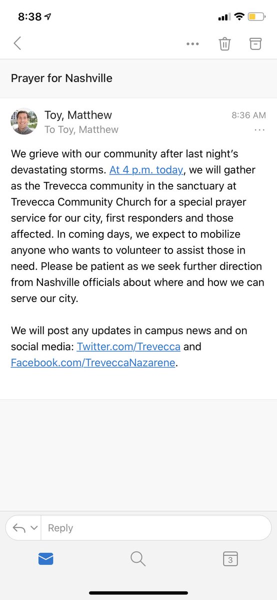 Madeline_Clark7's tweet photo. Trevecca students, before we begin to criticize the decision to keep campus open, let’s be thankful that we weren’t hit or damaged and that we have the opportunity to help. Its unfair to say that Trevecca isn’t taking action to be a loving neighbor to our City. https://t.co/kI6utwqt5k