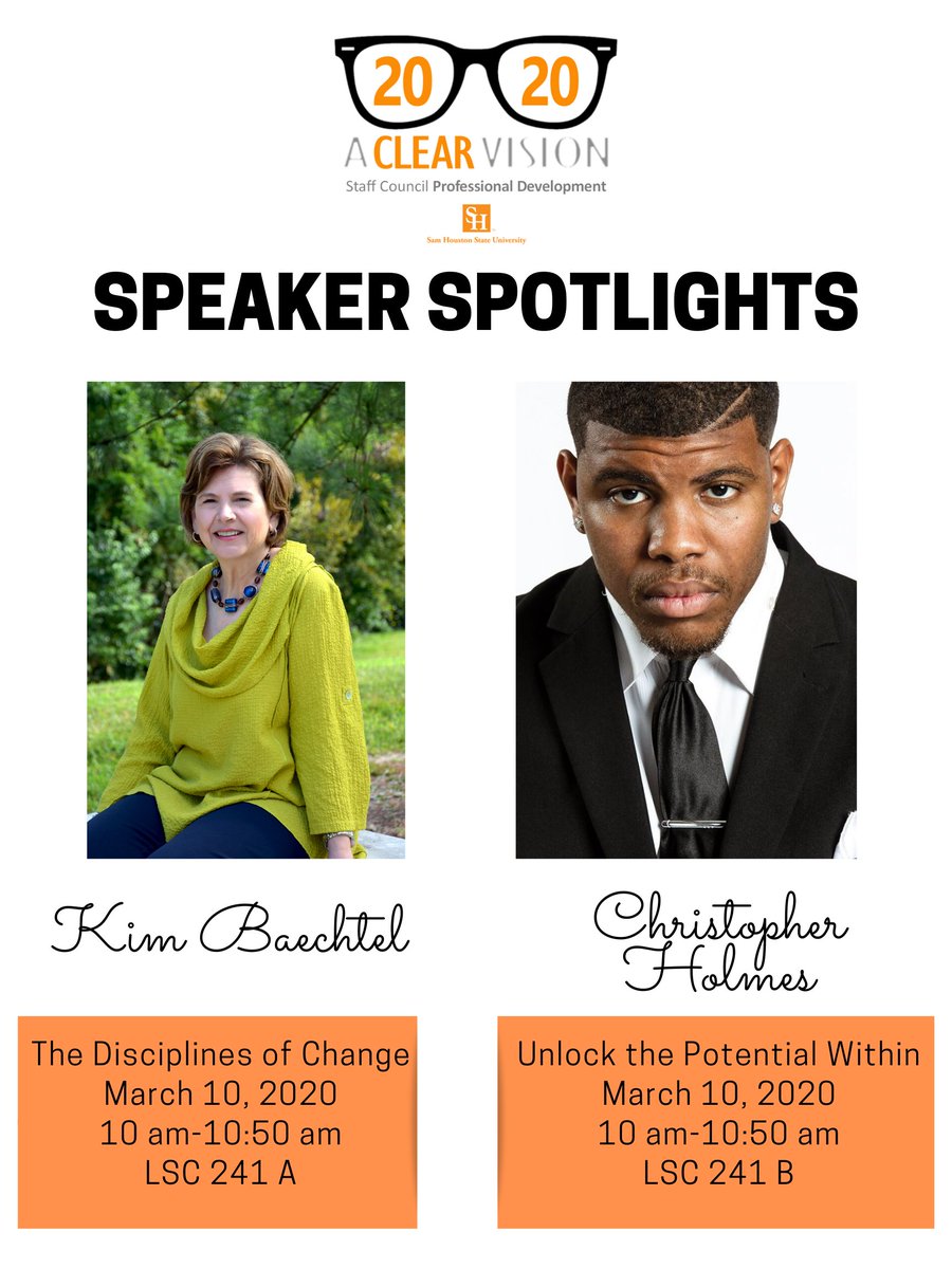 Professional Development Conference will be here soon! Don't miss these great speakers!  Unlock the potential within! #SHSU #aClearVision2020 #StaffCouncilPDC #NextLevelThinking #shsuStaffCouncil