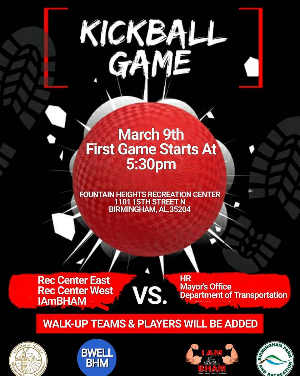 IAmBHAM205's tweet photo. The first 3 games are set!!! If you want your team to be on Monday night's roster, we need your team's information. #CityofBirmingham #PuttingPeopleFirst #BirminghamParkandRecreation #IAmBHAM #BeWell #Kickball https://t.co/3yq0e9d5t5