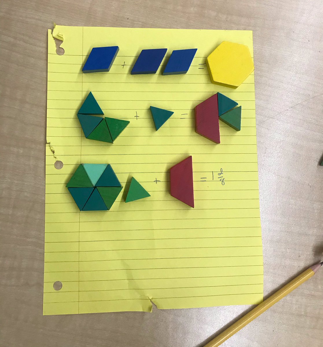 Mr_H_Teacher's tweet photo. Using @ONmathies &amp; pattern blocks to explore addition of fractions concretely in #HClass203 @EastCarlingPS @TVDSBmath 

#CRAModel https://t.co/whCPLZNkdY