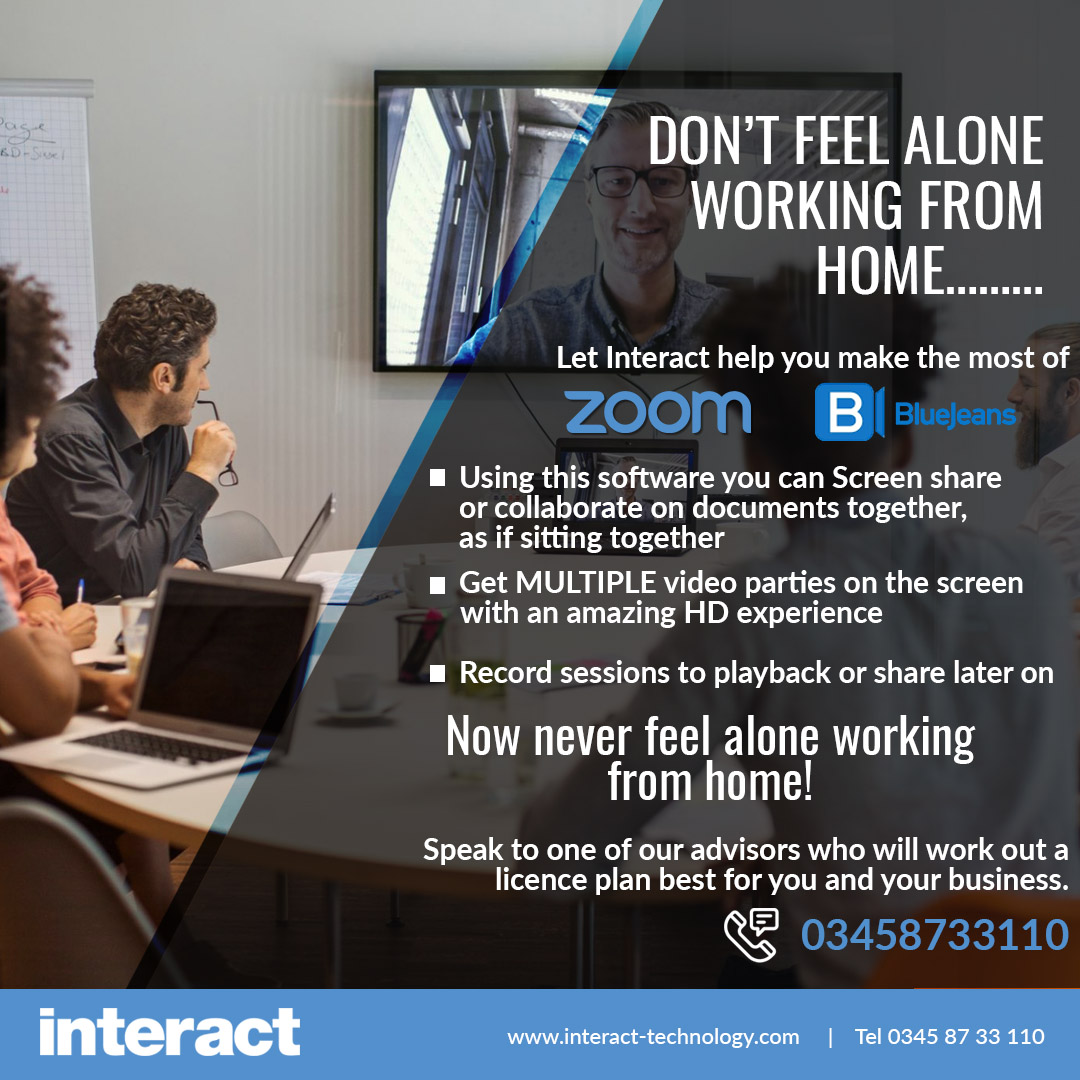 InteractTech's tweet photo. With more of us now considering work from home options, it is time to see the benefits of using Zoom Video Conferencing and BlueJeans.

Give us a call to get a no-obligation quote from one of our experienced advisers: 0345 87 33 110
⁣⁣
It’s more affordable than you think... https://t.co/ZlD6fSwNHU