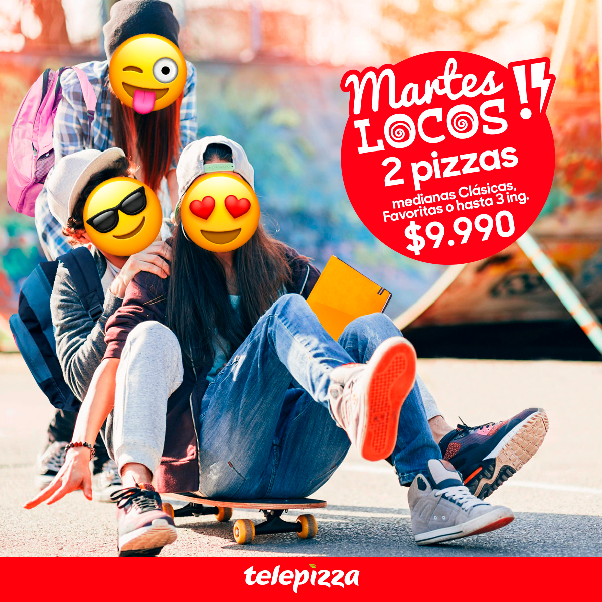 Los Martes Locos llegaron con todo para que te enloquezcas con tus compañeros de estudio.😁🤪🍕 Ingresa aquí 👉🏻 bit.ly/2RYoc8a y lleva 2 Telepizzas medianas clásicas, favoritas o hasta 3 ingredientes por tan solo $9.990.