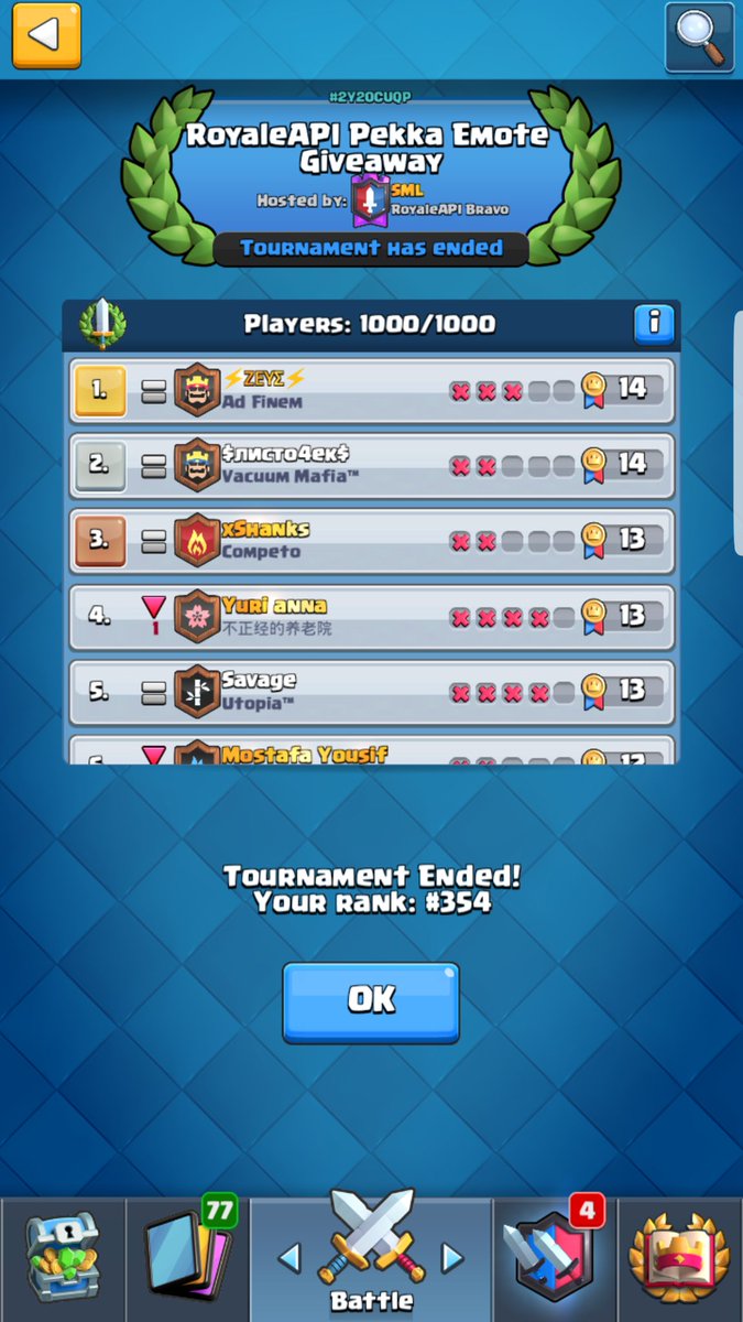 Competo_eSports's tweet photo. Our Player @xShanks8 finished top 3 in a 1000 man tournament of @RoyaleAPI and received an exklusive Smiley on his @RoyaleAPI  profile. 
What a nice Performance, we are proud of you🙏🏽❤

Feel free to follow him! 🔥

#CompetOP🔥⚔❤ https://t.co/js1fN2QJ8F