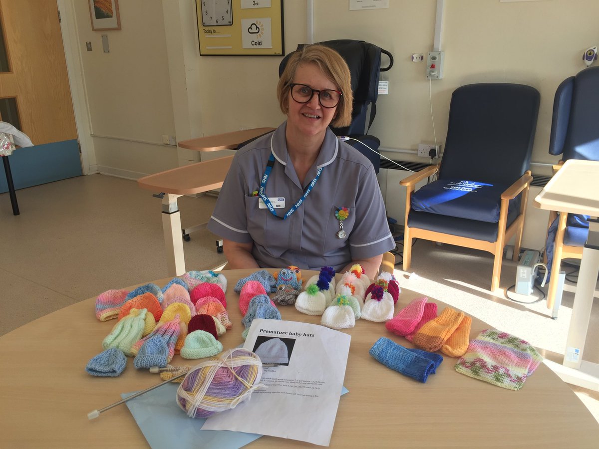 monet199's tweet photo. Health carer Gilly from Ford ward, Fordingbridge hospital with premature baby hats, sleeves for baby cannula’s, bonding squares, innnocent smoothie hats All made by the patients on Ford ward. They have loved making them! https://t.co/2jeLbcS91Y