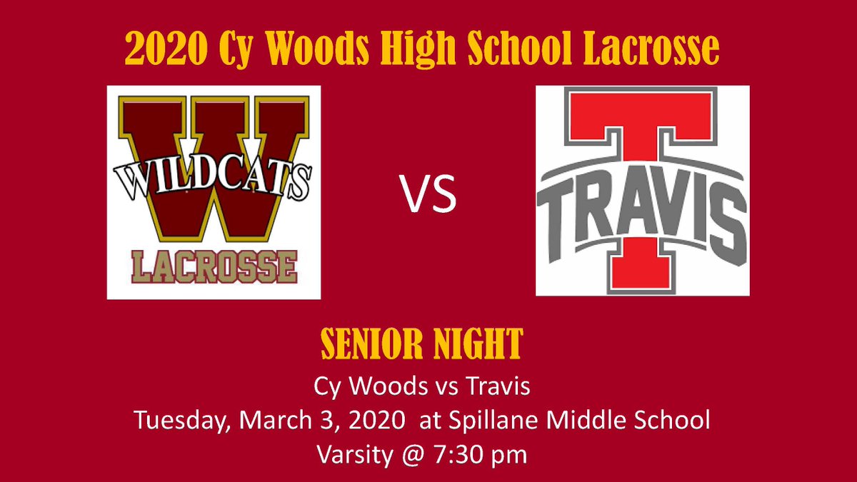 Game tonight + Senior Night = Best way to spend a Tuesday.  Varsity only at 7:30 pm.  Let’s fill the bleachers!!!!! <a href="/CyWoods212/">Cypress Woods HS</a> <a href="/ironmenlacrosse/">Ironmen Lacrosse</a> @maiden_nation_