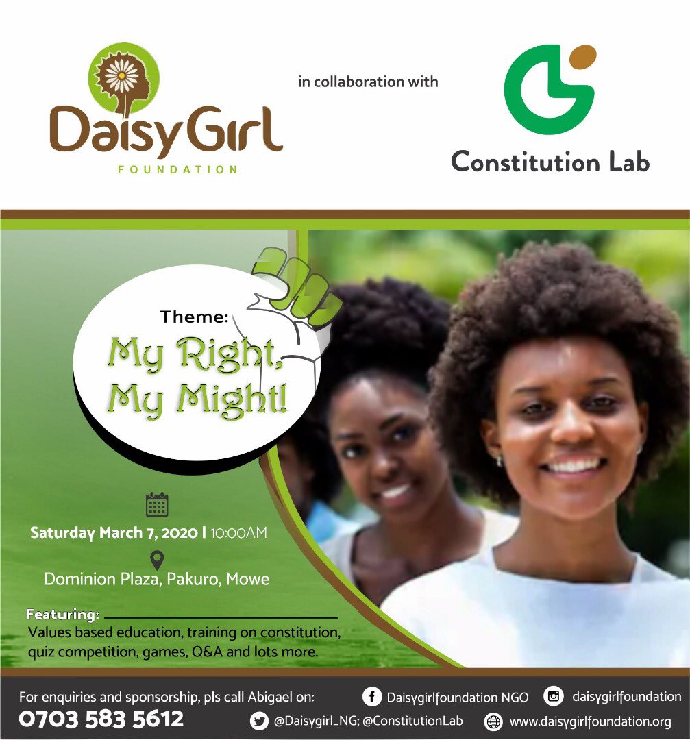 ConstitutionLab's tweet photo. Women’s Right is Human Right
Girl’s Right is Child’s Right
#ConstitutionLab in collaboration with @DaisygirlNG to hold a quiz competition on the rights of #GirlChild! See posters for more details. https://t.co/VHSebkBHLO