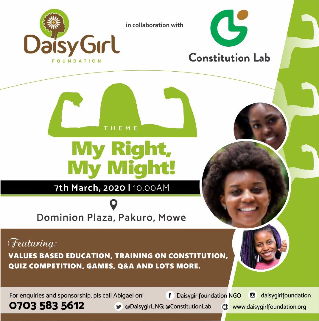 ConstitutionLab's tweet photo. Women’s Right is Human Right
Girl’s Right is Child’s Right
#ConstitutionLab in collaboration with @DaisygirlNG to hold a quiz competition on the rights of #GirlChild! See posters for more details. https://t.co/VHSebkBHLO