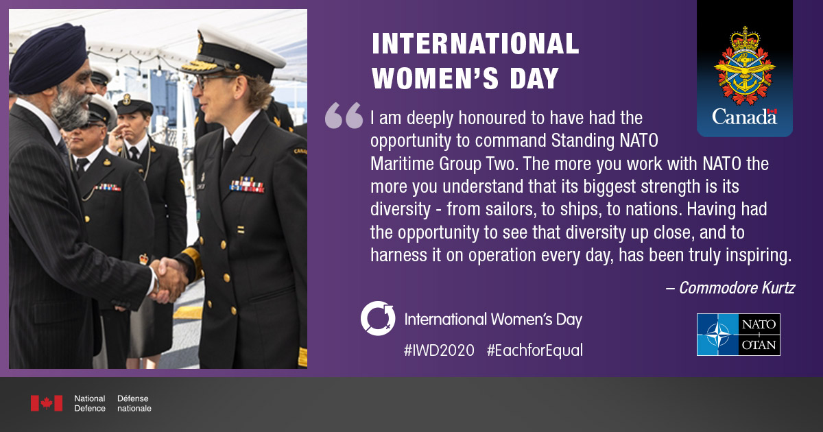 CanadianForces's tweet image. In 2019, after 31 years serving, Commodore Kurtz became the first woman to command Standing #NATO naval group. She says her historic appointment was humbling and hopes it will inspire more young people to join the #CdnForces: bit.ly/WDCAF_EN #IWD2020 #WeAreNato