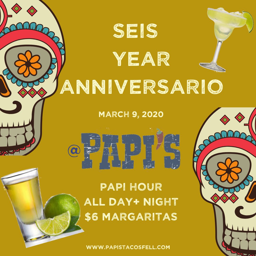 Join Papi's Fell's Point on March 9th for our SIX YEAR ANNIVERSARY! 
We will have $6 Margaritas plus Papi Hour all day &amp; night!
#SpreadTheWord #Anniversary #PapisTacos #FellsPoint #MyBmore