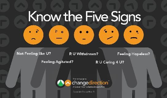 giveanhour's tweet image. One of the most important things you can do to #ChangeMentalHealth is share the #FiveSigns of Emotional Suffering. Share this post with your friends and followers and check out our website for more shareable Five Signs graphics. #mentalhealthawareness #suicideprevention