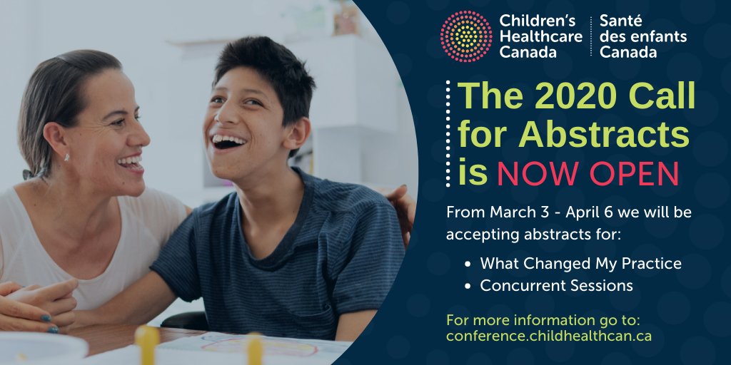 ChildHealthCan's tweet image. The #CallforAbstracts for #ChildHealthCan2020 is NOW OPEN! Submit abstracts for a Concurrent Session or &quot;What Changed My Practice&quot;. Deadline is April 6. Learn more: …nference.childrenshealthcarecanada.ca/call-for-abstr…