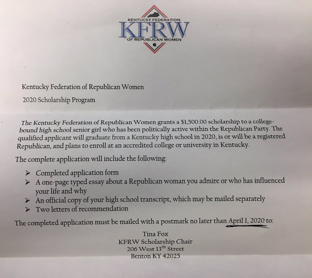 Counselor_KM's tweet photo. Seniors:  Applications for the Kentucky Federation of Republican Women $1500 Scholarship are now available. A copy has been sent to your school email account and hard copies may also be picked up in the counseling office. The deadline to apply is April 1. https://t.co/Jgk16hELDj