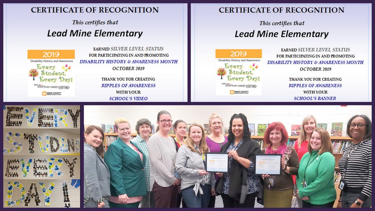 📣😊CONGRATS <a href="/Lead_Mine/">Lead Mine Elementary</a> for winning TWO SILVER AWARDS🥈🥈in the <a href="/WCPSS/">Wake County Public School System</a> Disability History &amp; Awareness Month (DHAM) Campaign &amp; contests with your COLLABORATIVE #2019DHAM #EveryStudentEveryDay BANNER &amp; your CREATIVE VIDEO 👏👏@KAED_CCR <a href="/JenaKehler/">Jena Wojdylo-Kehler</a> <a href="/WCDPAPLead/">WCDPAP Leadership</a> <a href="/WakeElementary/">Wake Elementary</a>