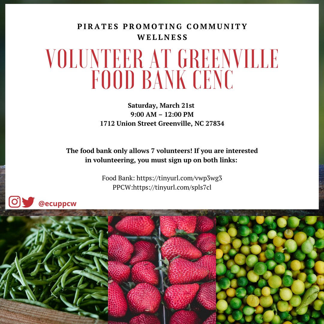 There are still a few spots open for our March service event at the Greenville Food Bank CENC. If you are interested or need volunteer hours please sign up on both links: 

tinyurl.com/vwp3wg3
tinyurl.com/spls7cl