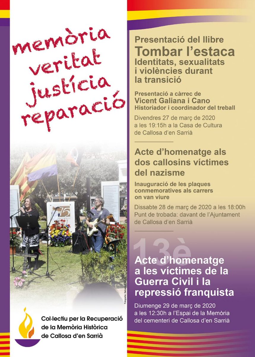 CallosaCrmh's tweet photo. Com cada any, tornem amb les activitats de darrer cap de setmana de març:
📆 Div. 27 presentarem "Tombar l'estaca" amb @vgaliana_
📆Dis. 28 inagurarem les plaques conmemoratives als callosins víctimes del nazisme
📆Diu. 29, l'acte homenatge a l'Espai per la Memòria del Cementeri https://t.co/bB9LawHedN
