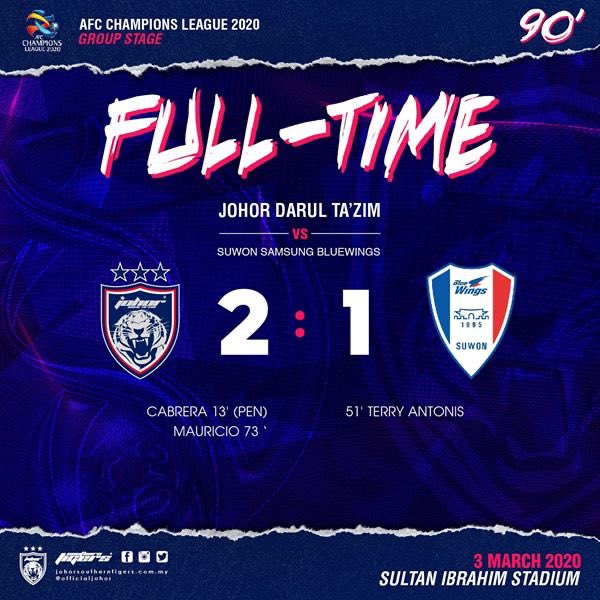OfficialJohor's tweet photo. AFC CHAMPIONS LEAGUE 2020 | 3 MARCH 2020

Full Time

JDT [2-1] SUWON SAMSUNG BLUEWINGS
(Gonzalo Cabrera 13'(pen) / Maurício dos Santos Nascimento 73')
(Terry Antonis 51')

More photos at https://t.co/XfCri9s7Wk https://t.co/ap8TqWgjMP