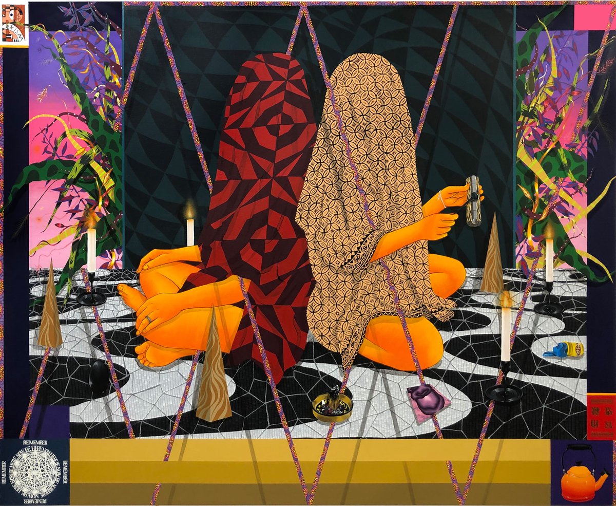 Paintings by Iranian-American artist and designer Amir Fallah, 2010s, whose work pulls from his personal history to address race, the body, cultural memory, and the immigrant experience