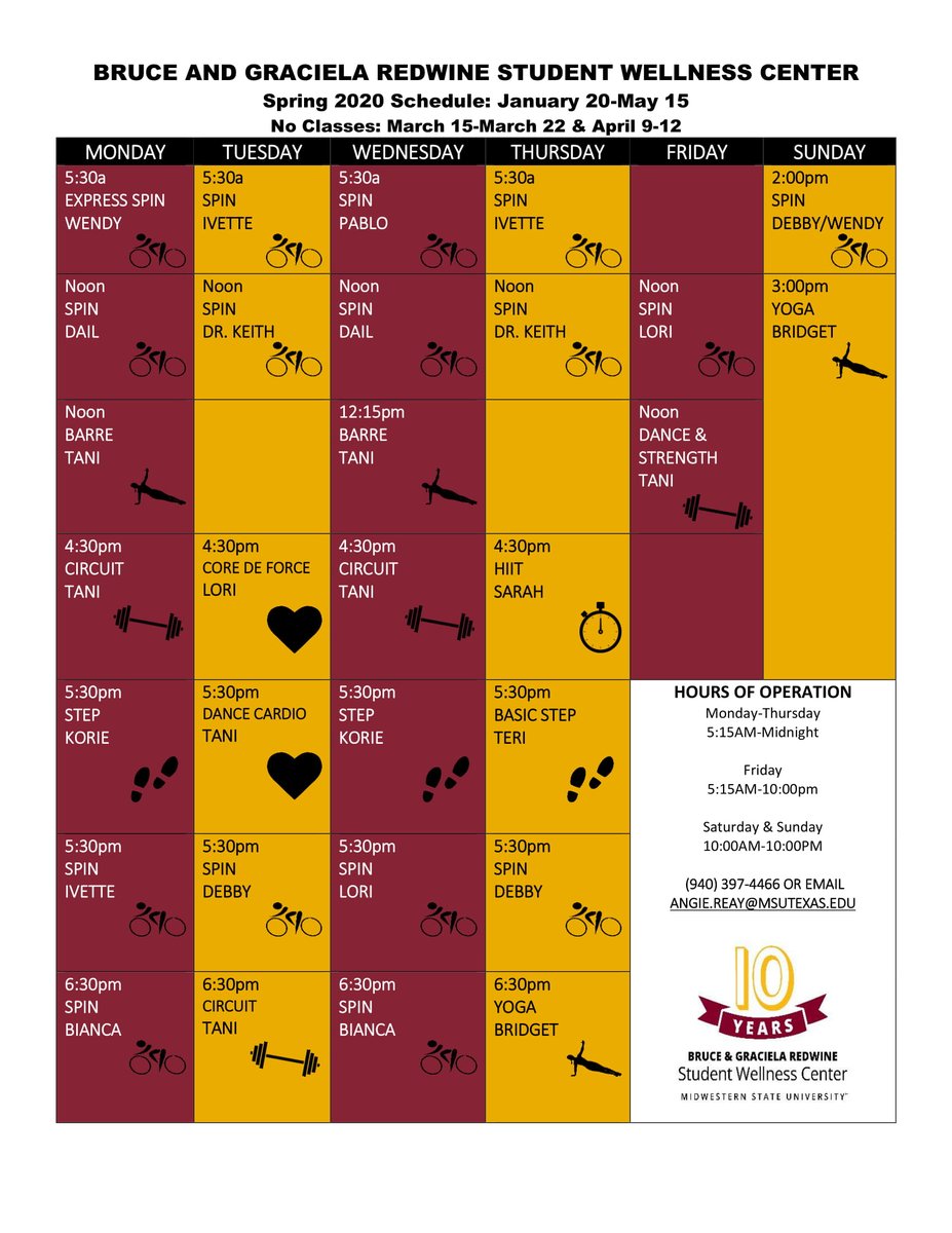 UPDATED SCHEDULE. <a href="/MSUTexas/">Midwestern State University</a> 
We will not have classes during Spring Break or the Holiday Break.