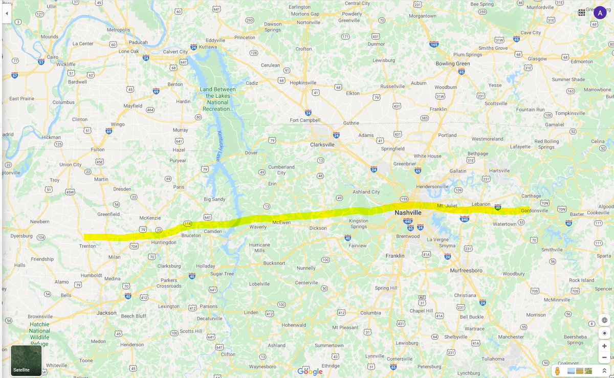 ForceThirteenUS's tweet photo. #ForceThirteen13US has done analysis of the #nashvilletornado and has found that the the rotation was visible on radar for 170 miles and for nearly 3 hours from Trenton,TN to Gordonville,TN. Approximate path based on analysis is provided . Path is not official pending NWS results https://t.co/8fP18Gw06G