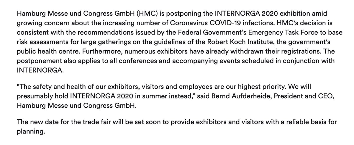 thatjohn's tweet photo. #AIX20 cancellation watch: foodservice and hospitality tradeshow INTERNORGA — which seems to be organised by the Hamburg Messe itself — from 13-17 March has just been cancelled. https://t.co/oQR1JgdtMB