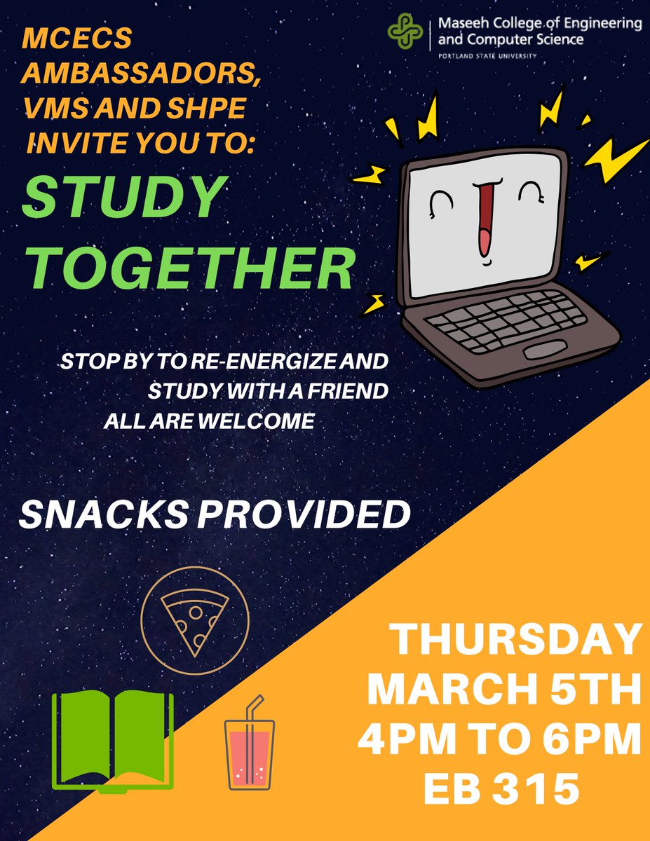 MaseehCollege's tweet image. MCECS Ambassadors, Viking Motor Sports, and SHPE invite you to study together Thursday, March 5th, 4-6pm. EB 315. All are welcome. Snacks provided! #studentgroups #finalexams