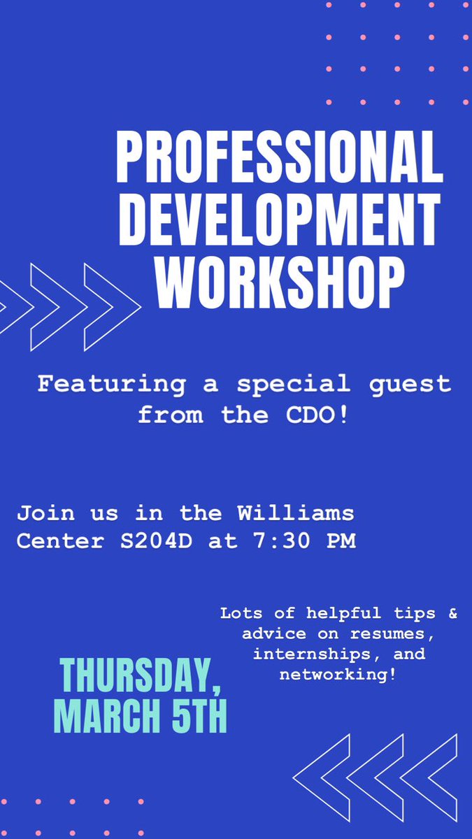 Come join us for a great professional event this Thursday!! See you in the Williams Center S204D on Thursday at 7:30! Stop by for some tips and advice to improve your future career 💙