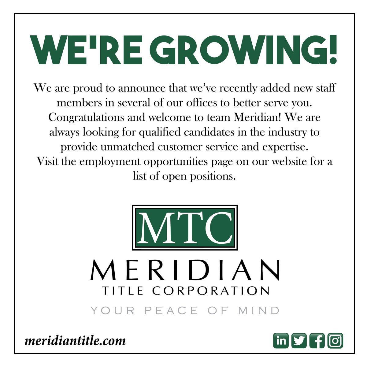 Meridian_Title's tweet image. Is a Title Industry career for you? #titleinsurance #escrowclosings #landdata #protectingpropertyrights #MeridianTitle #peaceofmind