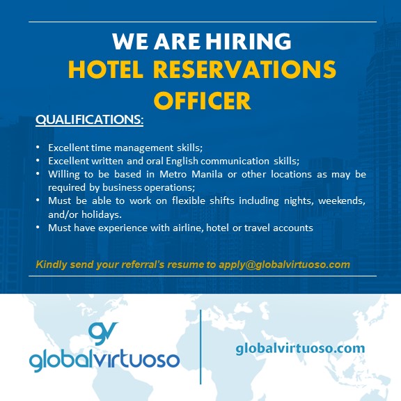 <a href="/globalvirtuoso/">Global Virtuoso</a> is recruiting for a Hotel Reservation officer to work within our growing team. You'll need to have experience of working in the airline, hotel or travel industry.

To apply to join our team of Virtuosos, please send your resume to: apply@globalvirtuoso.com
#career