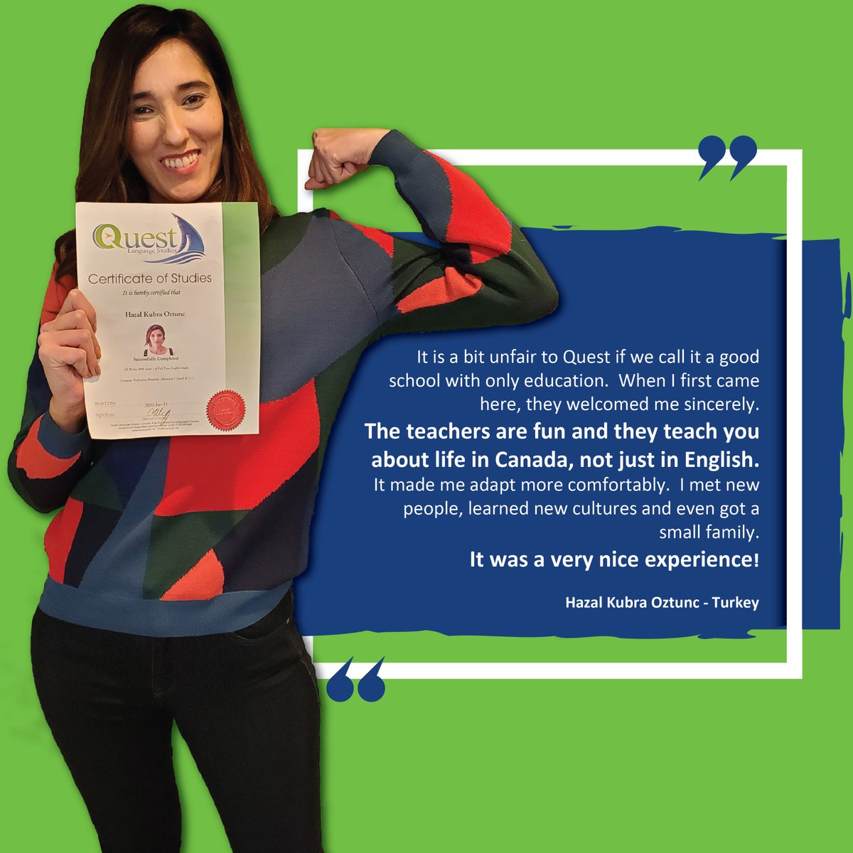studyquest's tweet photo. We're glad you had an amazing experience, Hazal! It's always a pleasure to have people like you here.

#studyquest #queststudents #quest #experience #testmonial #englishstudents #studyenglishabroad #studentexchange #studyabroad #studyinspiration #students #studyenglish #turkey https://t.co/7Q2g2pd8Xm