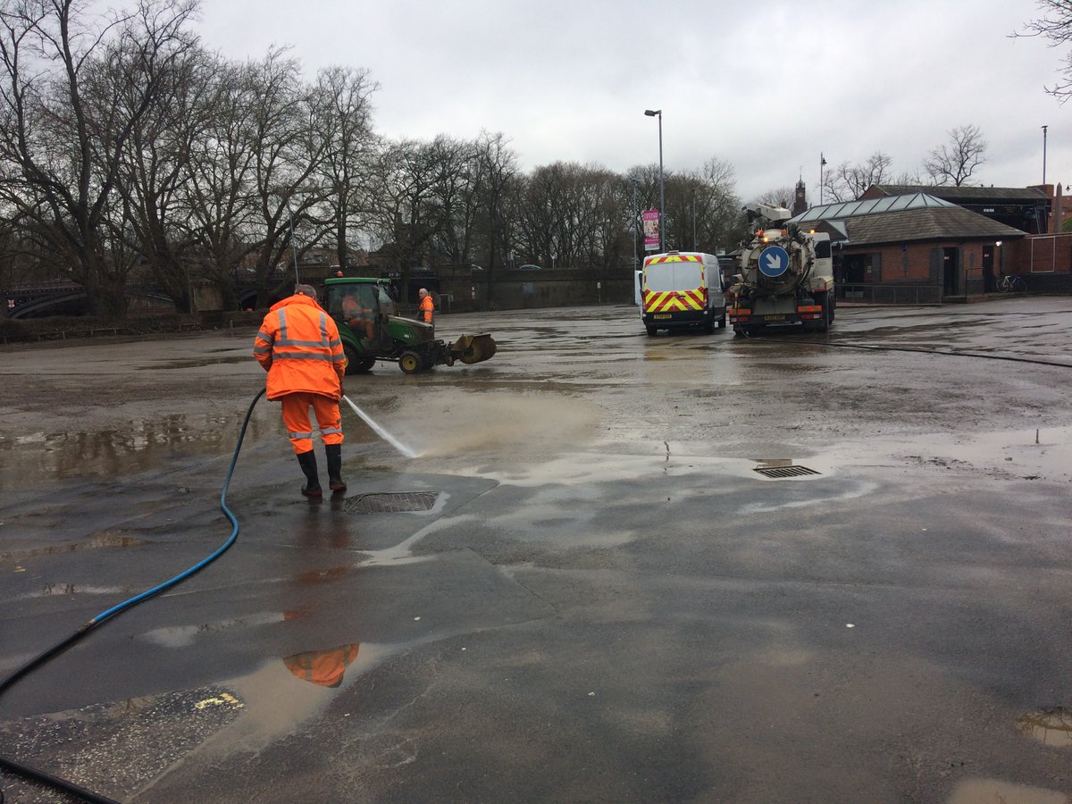 CityofYork's tweet photo. Our frontline crews are now focussing on the flood clean up operation. They're currently cleaning St George's Car Park in the city centre. York #OpenForBusiness https://t.co/titpQ9gawi