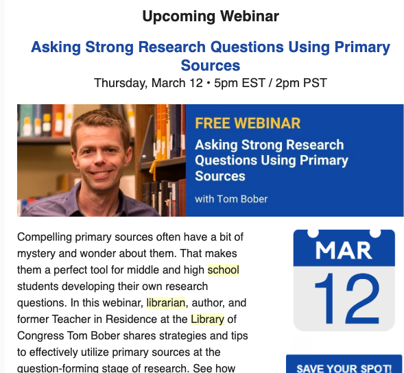 CaptainLibrary's tweet photo. We're just over a week away from my webinar on using Primary Sources to fuel research questions. I hope you can join me next Thursday! https://t.co/QbPcAHivKM https://t.co/tbFTTC2YH3