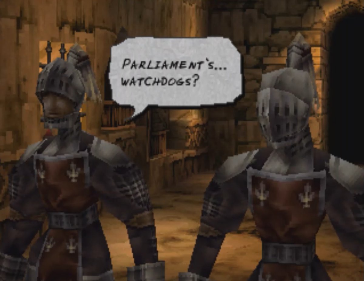 The knights are clearly taken aback at the description of a VKP agent as "one of parliament's watchdogs," but they obey the order from their "commander."