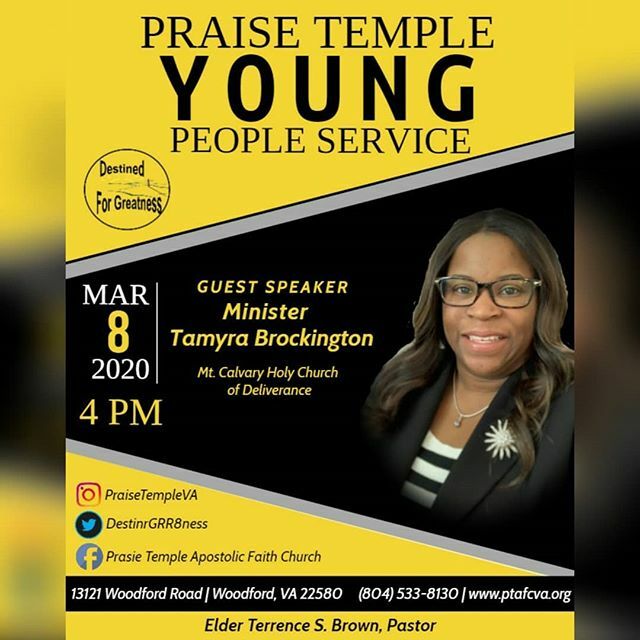 Destin4Grr8ness's tweet photo. Please join us for our Young People Service. Our guest speaker will be Minister Tamyra Brockington from Mt. Calvary in Washington DC. 3/8/2020 at 4 PM. https://t.co/mxpcdw0IJW https://t.co/OdLwTC8KMk