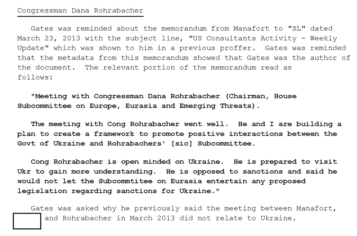 Another side treat from the new Mueller 302s: Manafort and Gates were meeting with Rep. Dana Rohrabacher (R-Yaroslavl) as early as 2013 to push Putin's agenda on Ukraine and sanctions. Before the invasion.