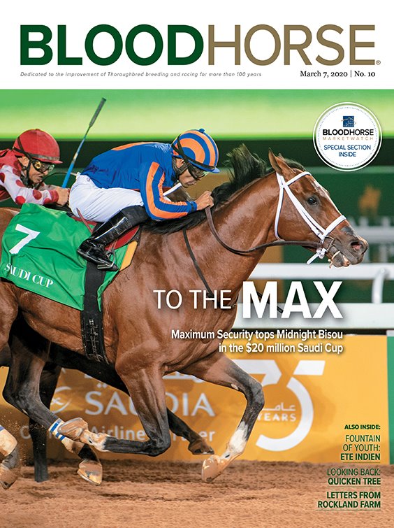Inaugural Saudi Cup winner Maximum Security w/ Luis Saez aboard is the cover of the BloodHorse magazine/tablet March 7 issue. Other features: BH MarketWatch on freshman sires &amp; juvenile auctions preview; Fountain of Youth; Letters from Rockland &amp; more: bit.ly/BH-Mar7