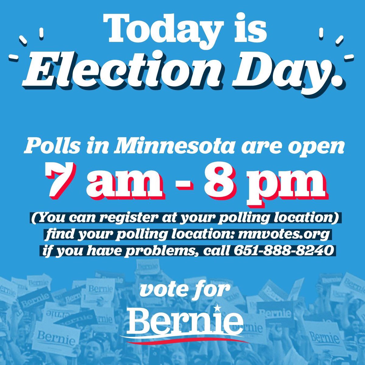 JoelleStangler's tweet photo. MN, be a @BernieSanders voter today!
Find your polling location: https://t.co/Bb7fEEU042
Any problems? Call 651-888-8240
Polls are open until 8pm.
#MNforBernie
#NotMeUs https://t.co/uU5s5R8TVA