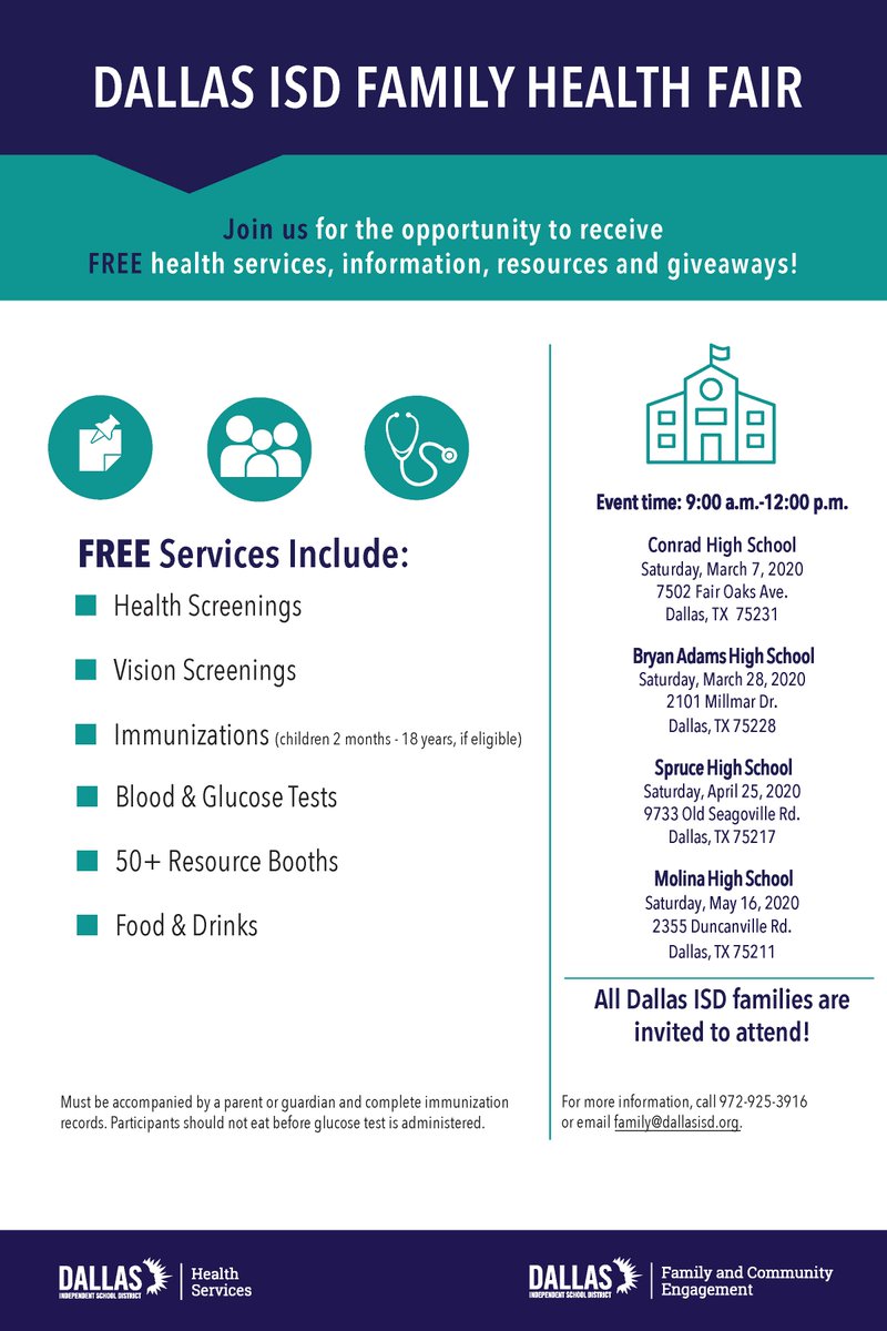 dallasisdparent's tweet image. The Dallas ISD Family Health Fair is this Saturday, March 7th @ Conrad High School 9:00 a.m. - 12:00 p.m. Come receive FREE health services such as blood glucose testing, immunizations, vision and dental services, etc. There will also be FREE food &amp;amp; giveaways! See you there!