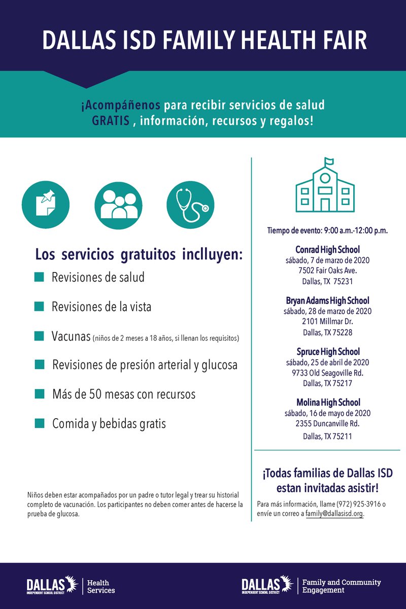 dallasisdparent's tweet image. The Dallas ISD Family Health Fair is this Saturday, March 7th @ Conrad High School 9:00 a.m. - 12:00 p.m. Come receive FREE health services such as blood glucose testing, immunizations, vision and dental services, etc. There will also be FREE food &amp;amp; giveaways! See you there!