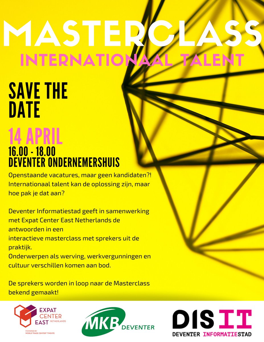 Ben jij op zoek naar nieuw internationaal talent voor jouw onderneming? Kom dan op 14 april naar de #masterclass #internationaal #Talent met onderwerpen als werving, werkvergunningen en cultuurverschillen. Wil je er bij zijn? Meld je dan aan via: c.beernink@informatiestad.nl