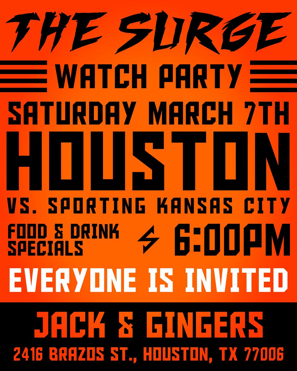 TheSurgeSG's tweet photo. Watch Party this SATURDAY!

@HoustonDynamo vs @SportingKC

Our first away match of the season so let’s all get together and support our boys! @BatallonEb @TexianArmy @BanderaNegraHTX @HustleTownSupp and ALL Dynamo fans are invited to Jack &amp; Ginger’s in Midtown starting at 6PM! https://t.co/WJLDoqL2Pv