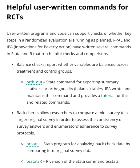 JPAL_NA's tweet photo. Our #EvaluationToolkit covers J-PAL and @poverty_action user-written commands for RCTs:
⌨️Balance checks: orth_out
⌨️Back checks: Bcstats/R
⌨️High freq checks: ipacheck
⌨️Compare datasets: cfout
⌨️Larger datasets: gtools
https://t.co/Tnp0Rb5xw1 https://t.co/nGkBtgtYJC