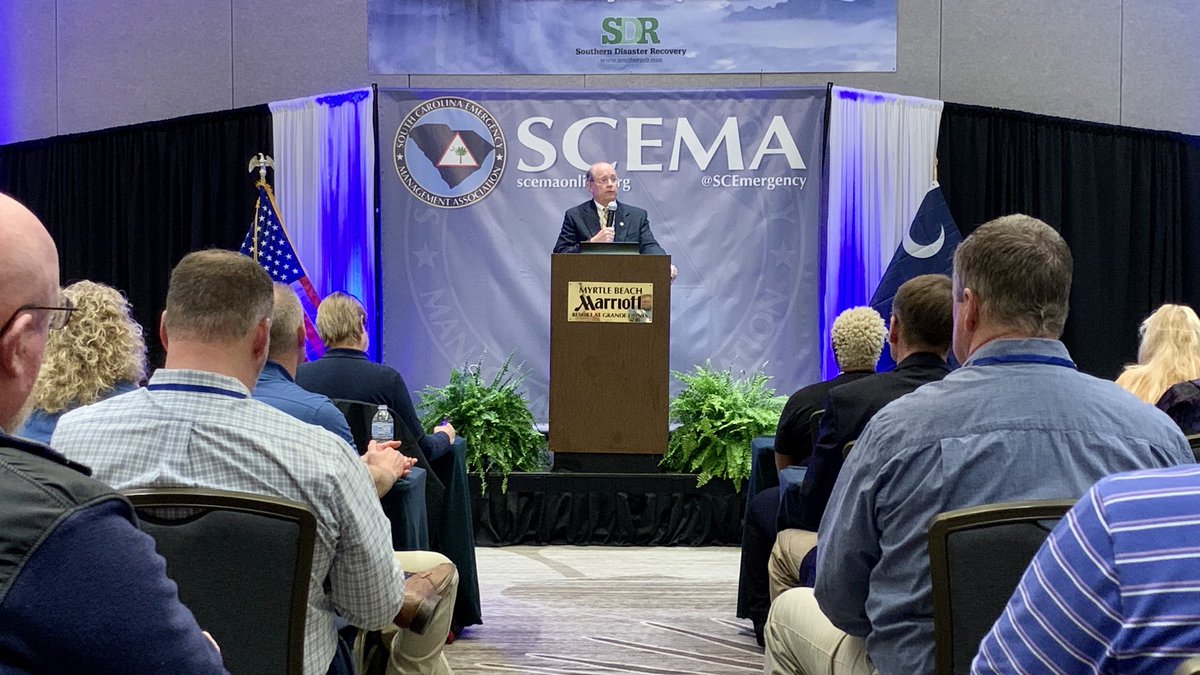 SCEMD's tweet photo. Addressing a crowd of almost 300 emergency management professionals, @SCEMD Director Kim Stenson provides updates on ongoing disaster preparedness and recovery initiatives throughout South Carolina. #SCEMA2020 ⁦@SCEmergency⁩ #AllHazards https://t.co/39vfeu1Dct