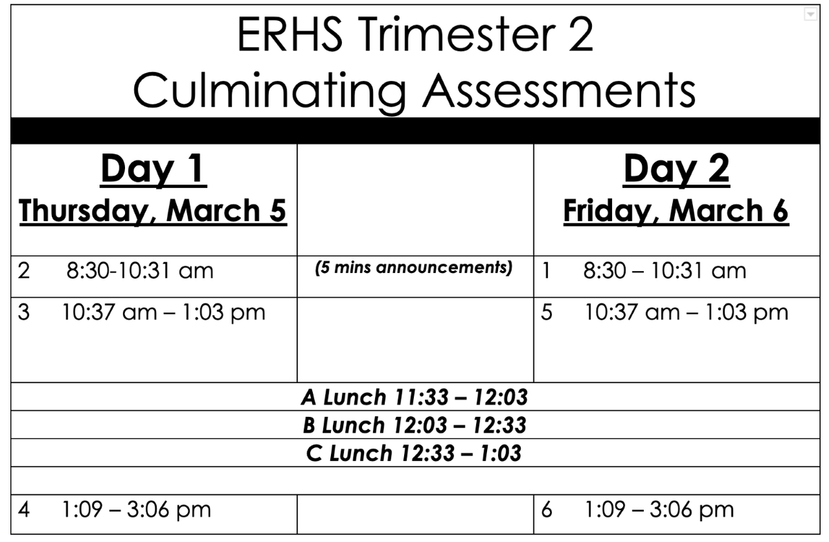 And here is the bell schedule for finals: