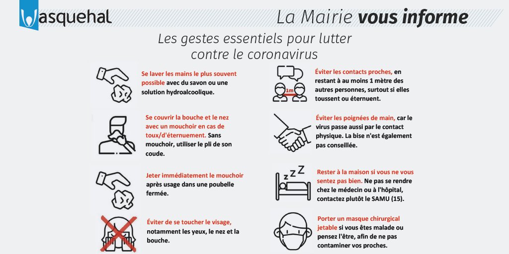 Face à la situation évolutive du #Coronavirus au sein de notre pays, la Ville de #Wasquehal souhaite prendre toutes les précautions possibles pour limiter sa transmission.
Voici les gestes essentiels à adopter contre l’épidémie. 
Pour toute info complémentaire : 0 800 130 000.