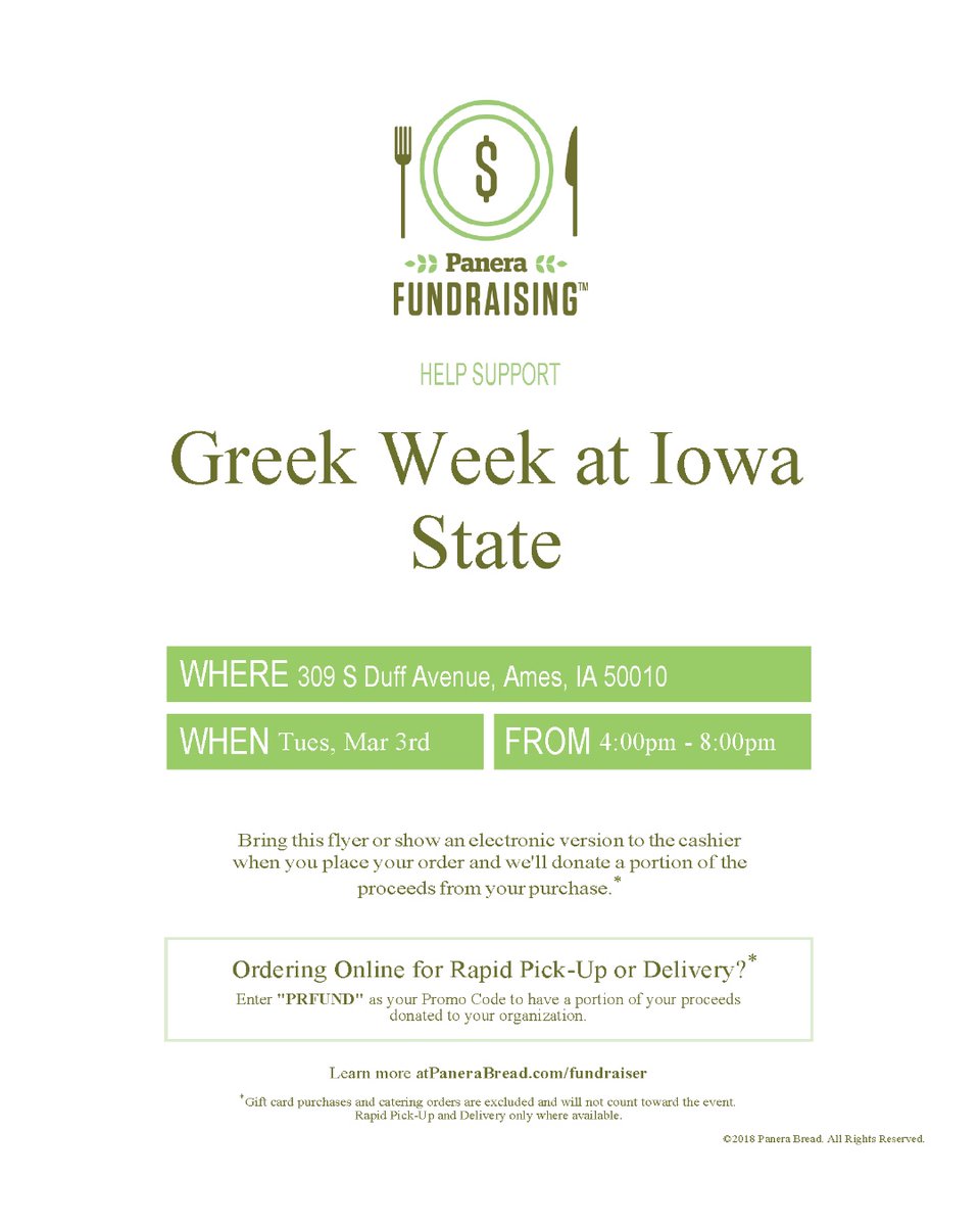 It's already time for our second fundraiser of the year! We'll be heading to Panera for dinner TONIGHT. Grab some food with friends and support Greek Week - remember to show this flyer at the register!
