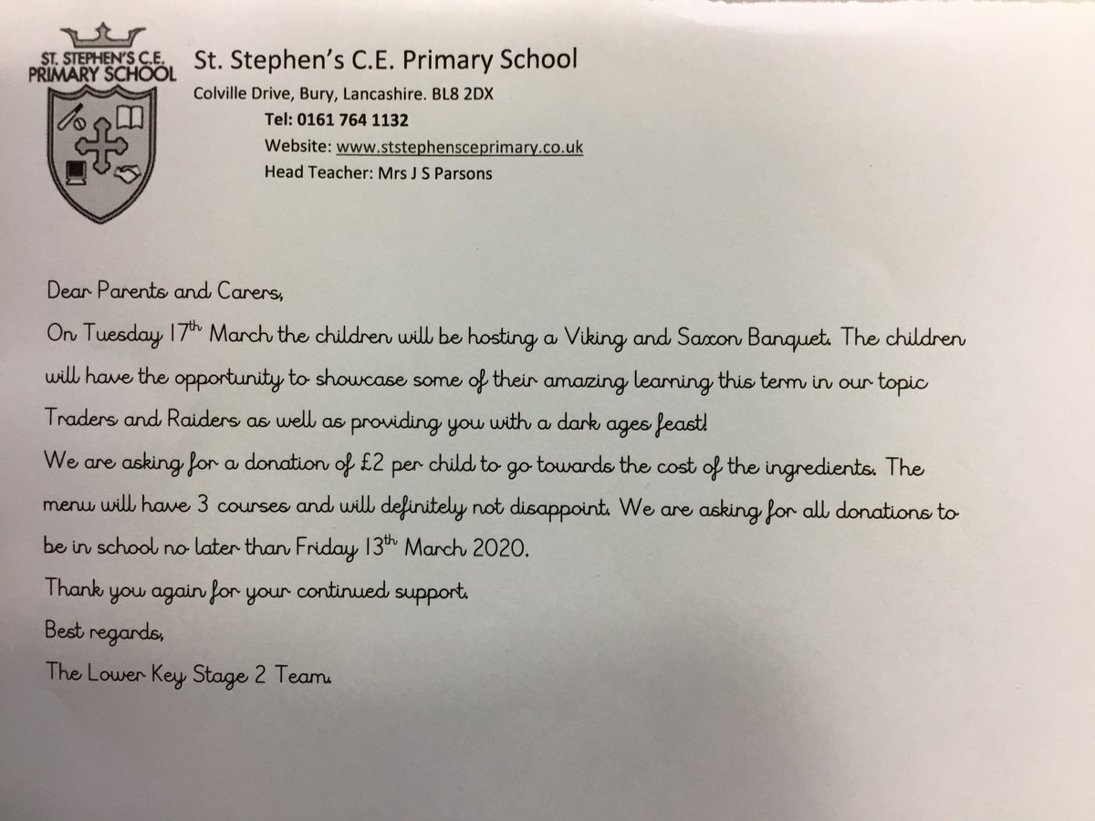 StStephens_Bury's tweet photo. If your child is in Year 3 or 4 then please have a look at the letter regarding the highly anticipated Viking and Saxon Banquet on the 17th March 2020. The children and staff are all very excited! #tradersandraiders #feasttime #lovelearning https://t.co/pd9Tconf9X