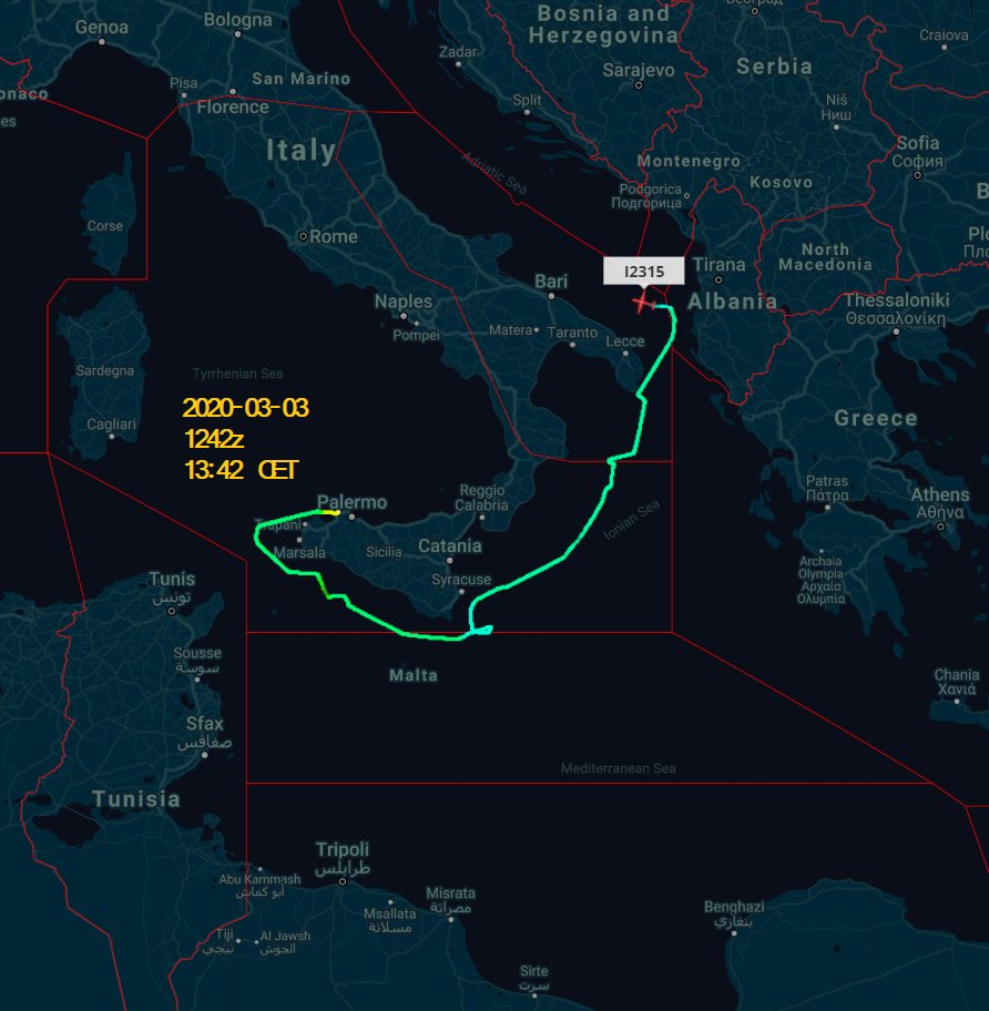 scandura's tweet photo. @RadioRadicale @MarianoGiustino @ItaMilRadar 4โฃ
2020-03-03
1242z โฑ๏ธ 13:42 CET
๐ฉ๏ธ Italian custom police ๐ฎ๐น ATR 72 #MM62311 c/s #I2311, brand-new GDF aircraft Pratica Di Mare based, in flight over Sicilian Channel and Strait of Otranto. The same patrolling yesterday (2nd sshot๐ท).
#migrants #migranti #Libya #Libia #Tunisia https://t.co/vlJUg2ygc2