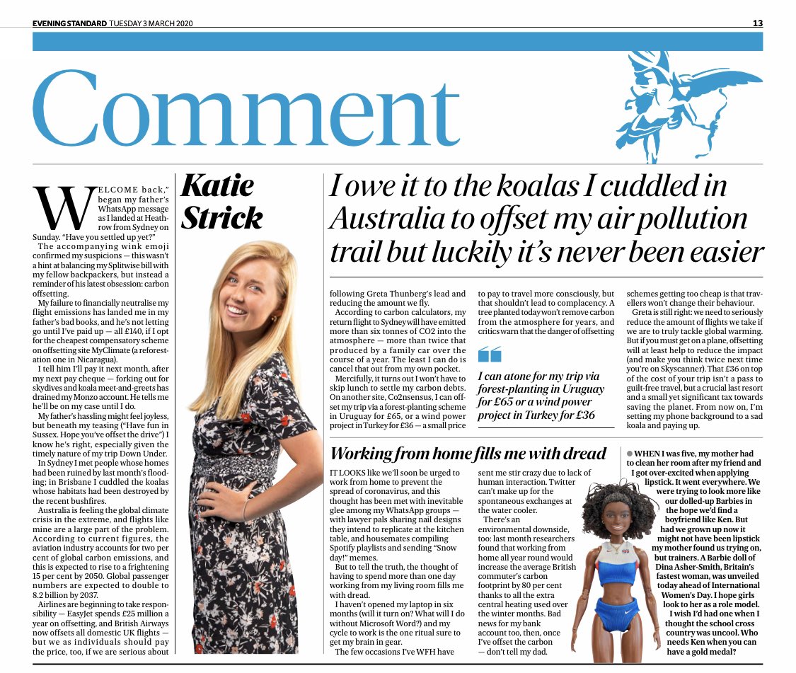katie_strick's tweet photo. My first comment page: on offsetting my flights’ carbon emissions ✈️ and why working from home fills me with dread 😷 https://t.co/kflG7NOEls https://t.co/wIn4LfGCky
