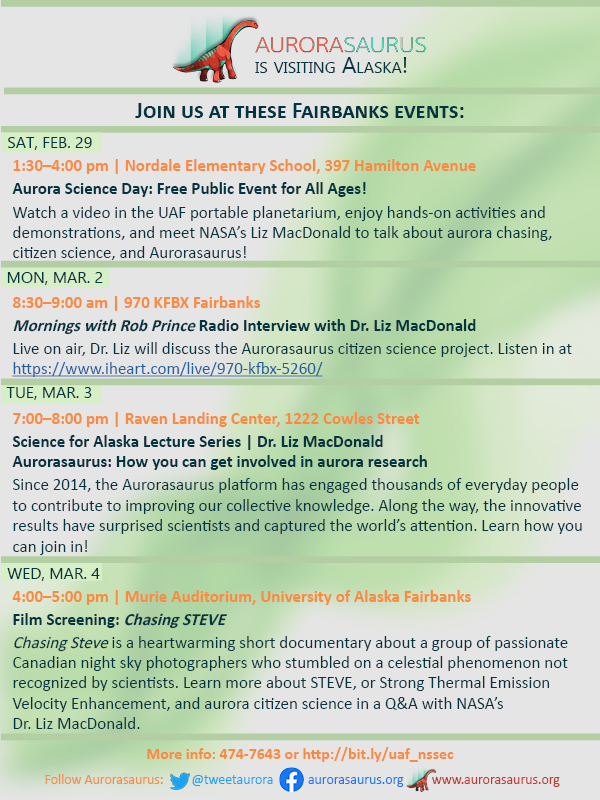 TweetAurora's tweet photo. If you're in the Fairbanks area, don't miss the opportunity tomorrow night at 4:00-5:00pm AKST to watch the heartwarming short documentary Chasing STEVE! Then, find out more about @STEVEPhenomena and #CitizenScience in a Q&A with @spaceyliz. More info below. #ChasingSteveFilm https://t.co/h1ifEUc9Ke