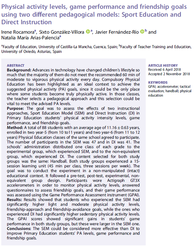 sport_pedagogy's tweet photo. Physical activity levels, game performance and friendship goals using two different pedagogical models: Sport Education and Direct Instruction. Published 2019. Authors Irene Rocamora et al. @tandfsport. #PESP
https://t.co/1M0RZBB6mO https://t.co/OHnSxh0gLk